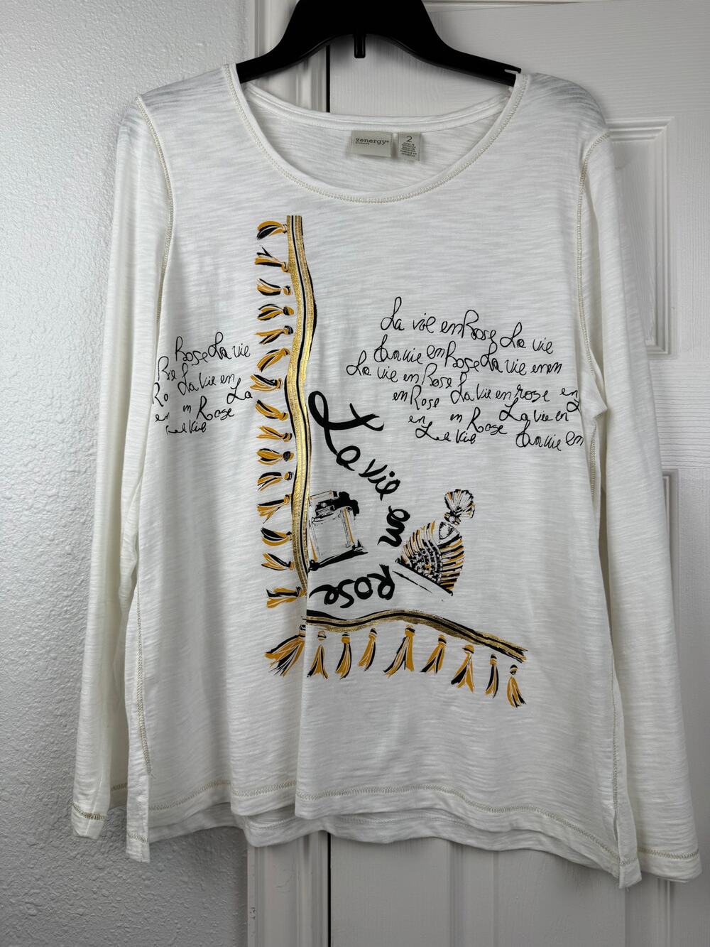 Zenergy by Chico's Graphic Top La Vie En Rose Long Sleeve Size 2